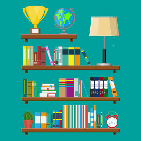 Library wooden book shelf. Globe, lamp, clocks, cactus, cup. Bookcase with different books. Vector illustration in flat styleのイラスト素材