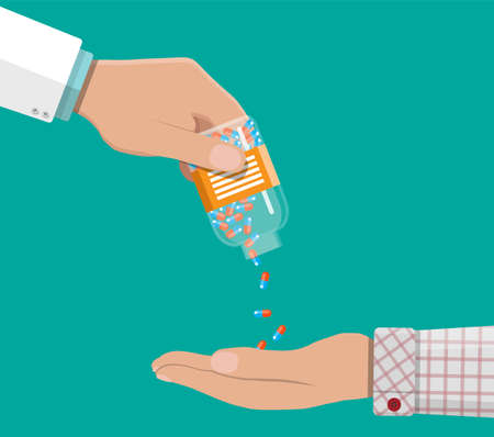 Hand of the pharmacist with pills and drugs. Pharmacy shop. Rx. Vector illustration in flat styleのイラスト素材