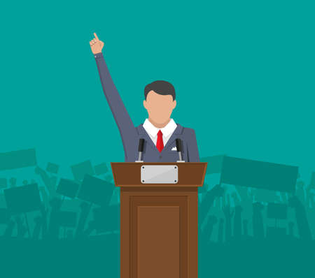 Public speaker politician on the podium in front of a crowd silhouette. Vector illustration in flat styleのイラスト素材