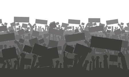 Silhouette of cheering or protesting crowd with flags and banners.のイラスト素材