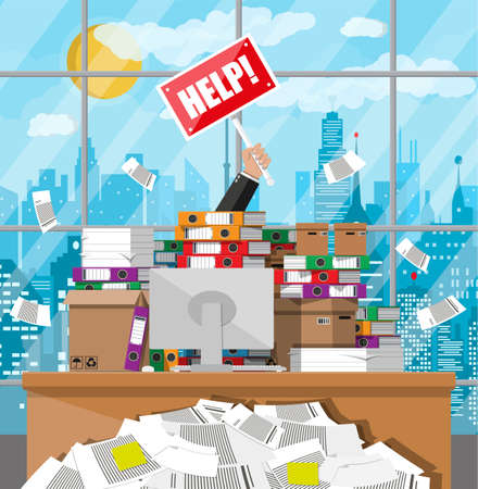 Stressed businessman in pile of office papers and documents with help sign. Stress at work. Overworked. File folders. Carton boxes. Bureaucracy, paperwork. Cityscape. Vector illustration in flat styleのイラスト素材