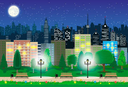 Modern city view in night. Cityscape and parkのイラスト素材