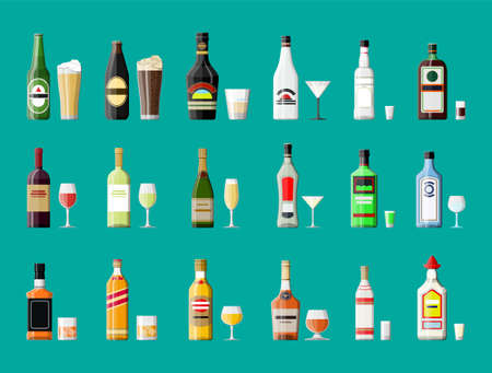 Alcohol drinks collection. Bottles with glasses.のイラスト素材