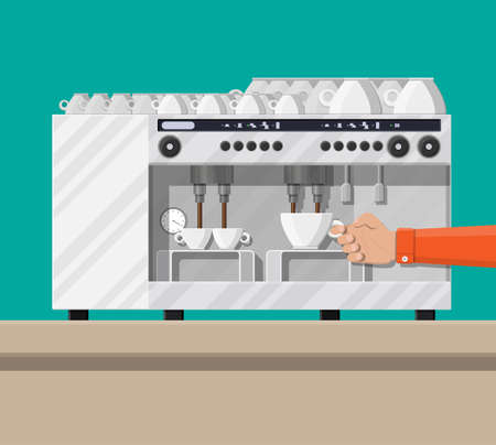 Big professional coffee machine for restaurants bars pubs. Coffee maker with cups. Vector illustration in flat styleのイラスト素材