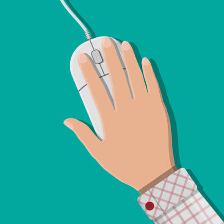 Simple computer or laptop mouse in hand of user. Wireless input device. Vector illustration in flat styleのイラスト素材
