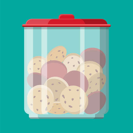 Glass jar with choclate cookies inside. Crockery for sweets. Vector illustration in flat styleのイラスト素材