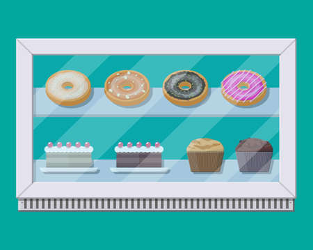 Bakery shop vitrine freezer with cakes and pastry. Donut, muffin, cupcake. Vector illustration in...