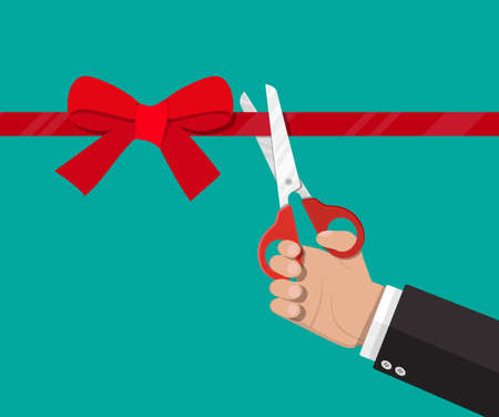 Hand with scissors cut red ribbon with bow. Opening ceremony, celebration, surprises. Vector...