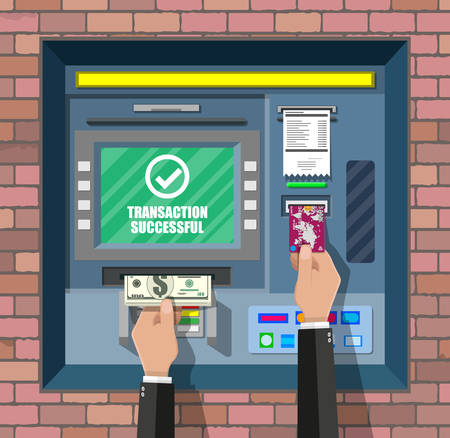 Bank ATM. Automatic teller machine. Program electronic device for payments and withdraw cash from plastic card. Economic, bank and finance industry. Vector illustration in flat styleのイラスト素材