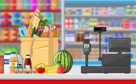 Supermarket store interior with goods. Big shopping mall. Interior store inside. Checkout counter with cash register, grocery, drinks, food, fruits, dairy products. Vector illustration in flat styleのイラスト素材