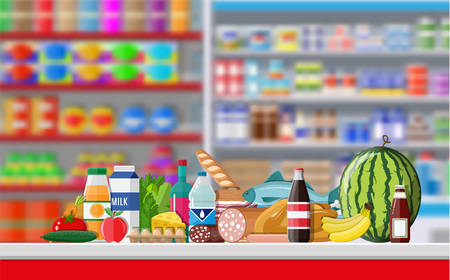 Supermarket store interior with goods.のイラスト素材