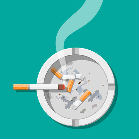 White ceramic ashtray full of smokes cigarettes. Crockery for smoking. Top view. Vector illustration in flat styleのイラスト素材