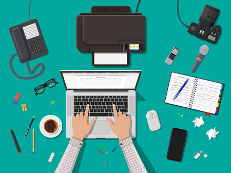 Writer or journalist workplace. Laptop pc, smartphone, mouse. Paper sheets with text, pen. Printer, recorder, coffee. Eyeglasses phone microphone, photo camera Vector illustration.のイラスト素材
