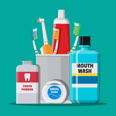 Dental cleaning tools. Oral care and hygiene products. Toothbrush, toothpaste, mouthwash, tongue brush, powder, tongue scraper and dental floss. Brushing teeth. Vector illustration in flat style.のイラスト素材