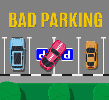 City parking lot with different cars. Shortage parking spaces. Parking zone top view with vehicles. Bad or wrong car parking. Traffic regulations. Rules of the road. Vector illustration in flat styleのイラスト素材