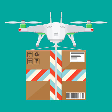 Remote controlled aerial drone. Quadcopter drone with box. Contemporary unmanned aircraft. Fast delivery and shipping. Vector illustration in flat styleのイラスト素材