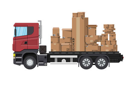 Red delivery truck transporting brown cardboard package. Pile cardboard boxes. Carton delivery packaging open and closed box with fragile signs. Vector illustration in flat styleのイラスト素材