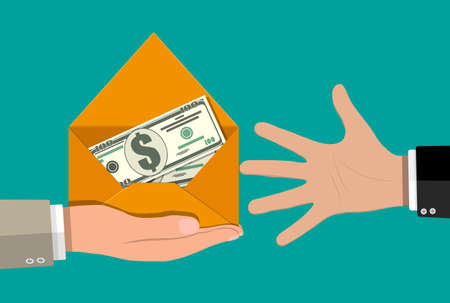 Dollar cash in envelope in hand. Prize, money payroll, income. Send money. Hidden wages, salaries black payments, tax evasion. Vector illustration in flat styleのイラスト素材