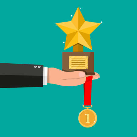 Trophy winner gold cup with wooden base in hand. Star shape. Award, victory, champion achievement. Gold medal with ribbon. Vector illustration in flat styleのイラスト素材