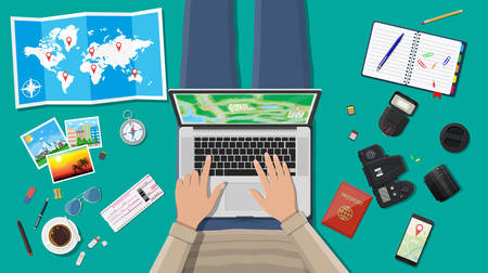 Man with laptop and paper mapのイラスト素材