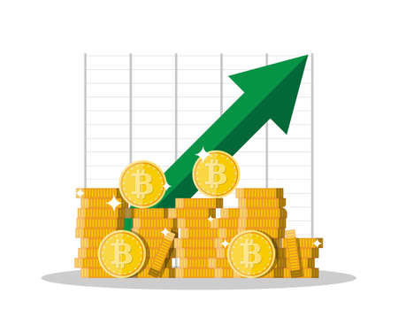 Golden coin with bitcoin sign in stacks. Money and finance. Digital currency. Virtual money, cryptocurrency and digital payment system. Vector illustration in flat styleのイラスト素材
