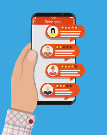 Hand holds smartphone with rating app.のイラスト素材