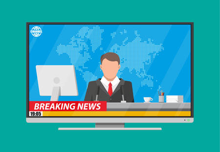 Modern flat screen tv with news, desktop pc, coffee, world map. News announcer in the studio....