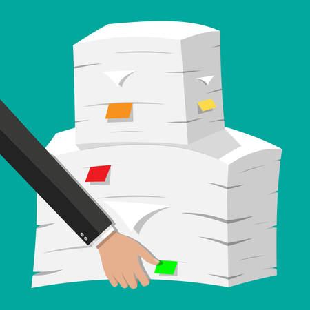 Hand with pile of papers. Office documents heap.のイラスト素材