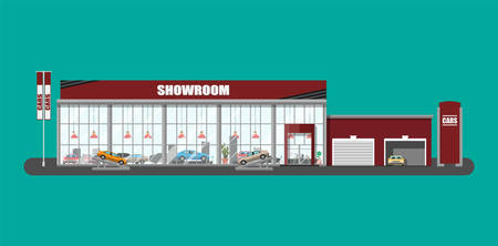 Exhibition pavilion, showroom or dealership. Car showroom building. Car center or store. Auto service and shop. Vector illustration in flat styleのイラスト素材