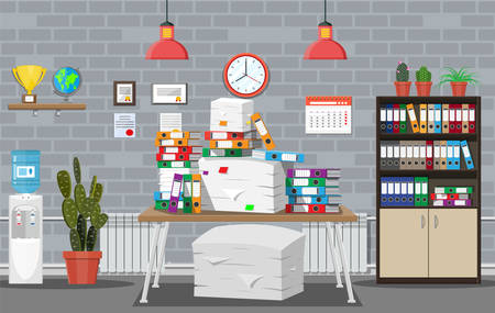 Pile of paper documents and file folders on table. Office building interior. Pile of papers. Office documents heap. Routine, bureaucracy, big data, paperwork, office. Vector illustration in flat styleのイラスト素材
