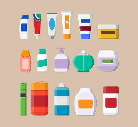 Set of various color cosmetic bottles. Cream, tooth paste, shampoo, gel, spray, tube and soap. Skin and body care, toiletres. Products for beauty and cleanser. Vector illustration in flat styleのイラスト素材