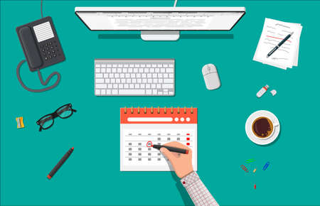 Paper spiral wall calendar and hand with pen. Save the date. Calendar flat icon. Schedule, appointment, organizer, timesheet, important date. Vector illustration in flat styleのイラスト素材