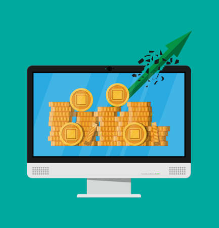Stack of golden coin with computer chip. Computer monitor. Money and finance. Digital currency. Virtual money, cryptocurrency and digital payment system. Vector illustration in flat styleのイラスト素材