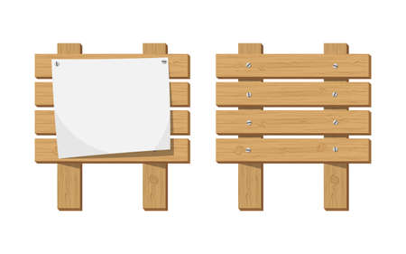 Empty paper blank on wooden signboard. Announcement board with paper placard. Vector illustration in flat styleのイラスト素材