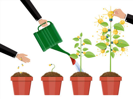 Businessman hand watering tree with can. Glowing light bulb hanging with green leaves. Idea tree. Concept of creative idea or inspiration. Glass bulb with spiral. Vector illustration in flat styleのイラスト素材