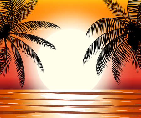 Silhouette of palm tree on beach. Sun with reflection in water. Sunset in tropical place. Vector illustrationのイラスト素材