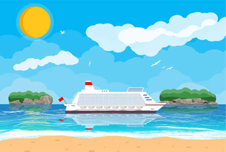 Tropical beach with cruise shipのイラスト素材
