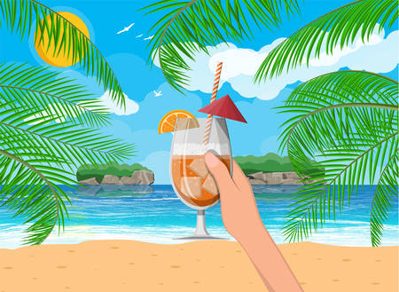 Landscape of palm tree on beach, cocktailのイラスト素材