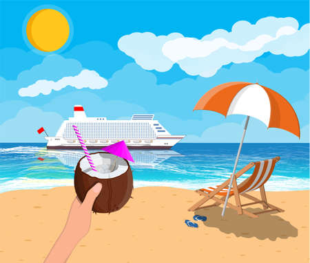 Tropical beach with cruise ship and cocktail illustration.のイラスト素材