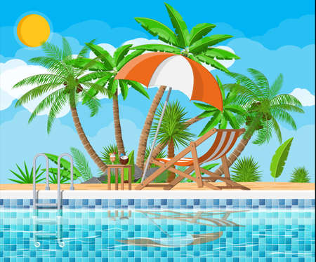 Swimming pool and lounger, palm treeのイラスト素材