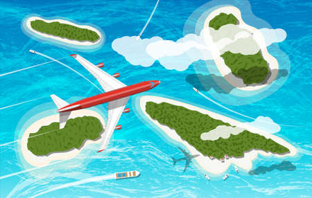 Airplane flies above few tropical islands with beaches and houses. Floating boats and ships. Aerial view. Clouds and ocean. Air journey or vacation concept. Vector illustration in flat styleのイラスト素材