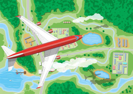 Airplane flies above land vector illustration.のイラスト素材