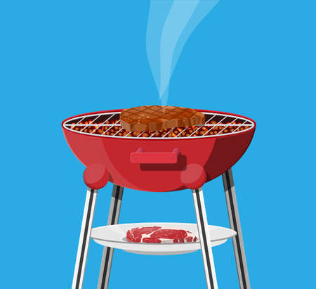 Round red barbecue grill with steak and on blue backgroundのイラスト素材