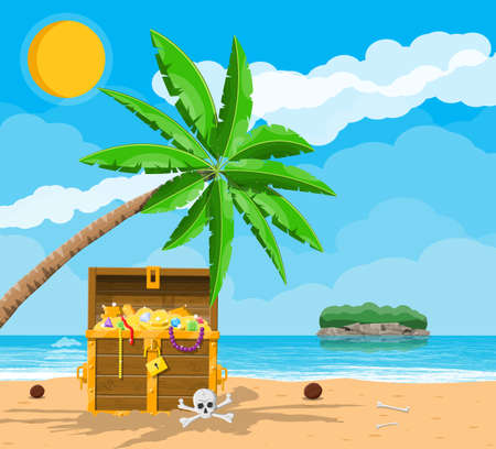 Pirates treasure island with chest and tropical plantsのイラスト素材