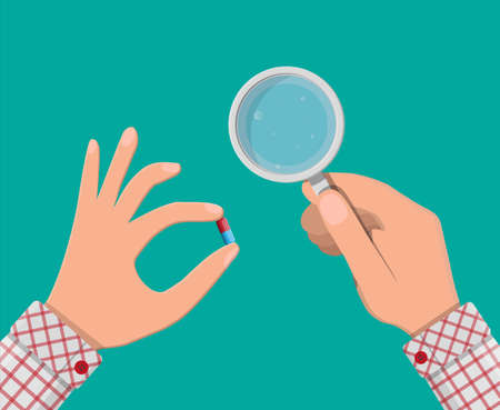 Glass of water and pills in hand. Taking pillsのイラスト素材