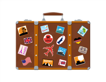Leather retro suitcase with stickers.のイラスト素材