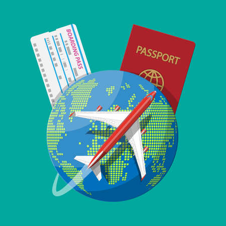Passenger jet, boarding pass and passport, map vector illustrationのイラスト素材
