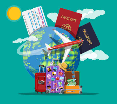Travel suitcase with stickers and world mapのイラスト素材