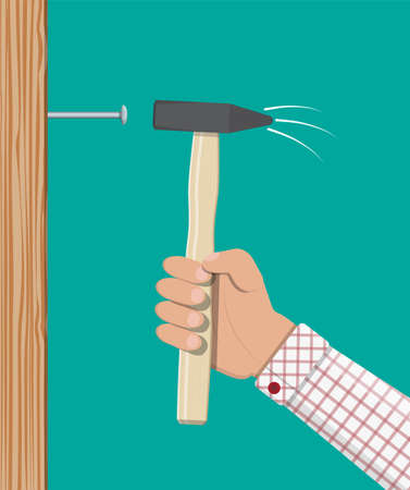 Man hammering nail with hammer into wall.のイラスト素材