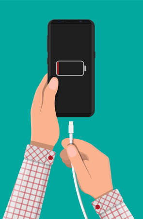 Smartphone and charger adapter. Low battery, addiction. Phone is charging from wall outlet. Vector illustration in flat styleのイラスト素材